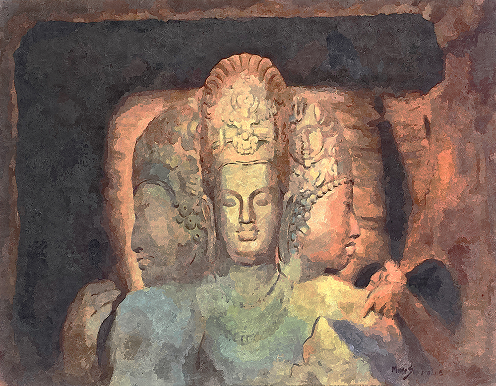 Elephanta Caves - Acrylic On Canvas by Ashok Agrawal