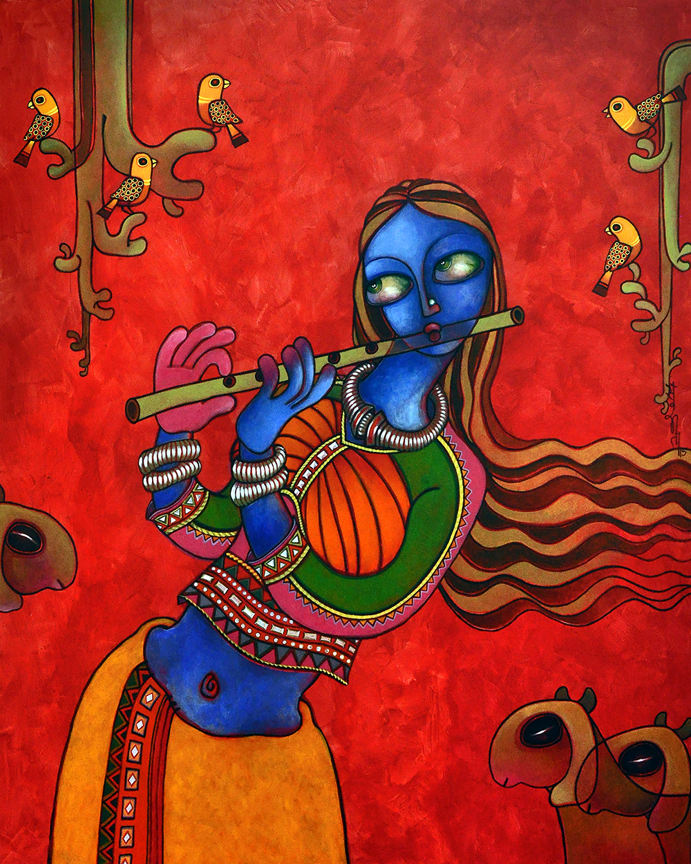 Lady with Flute - Acrylic On Canvas by Sunita Dinda