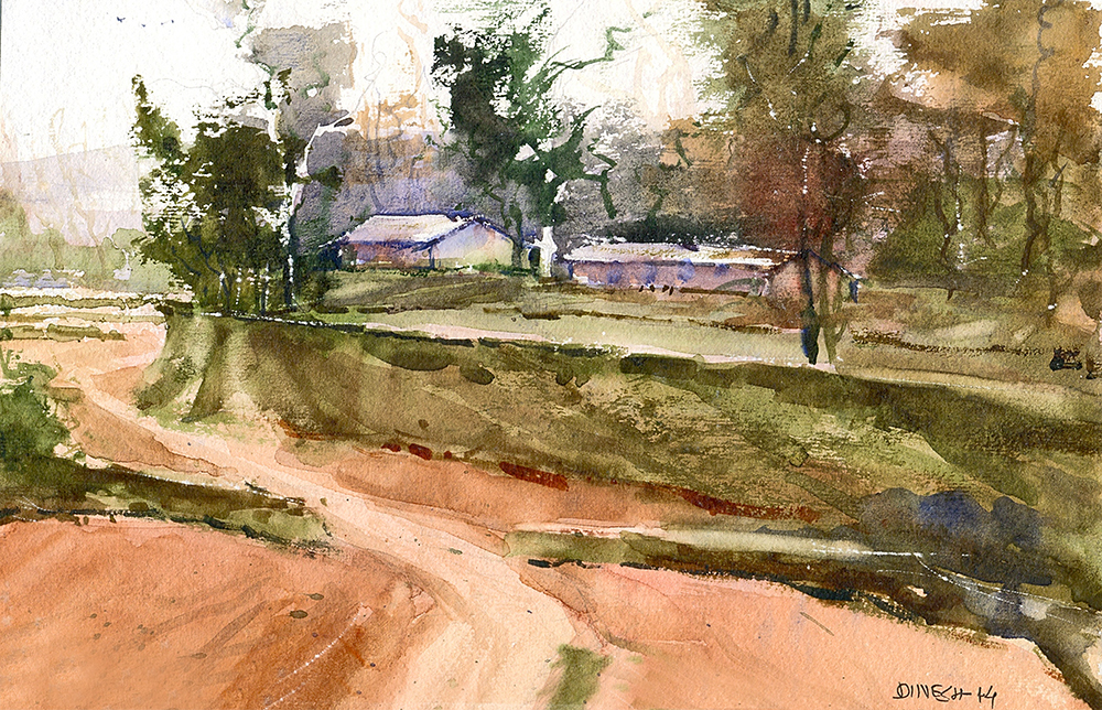 Backroads - Water Color On Paper by Dinesh Panchal